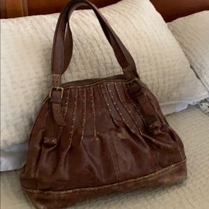 Distressed studded brown leather large Kooba bag